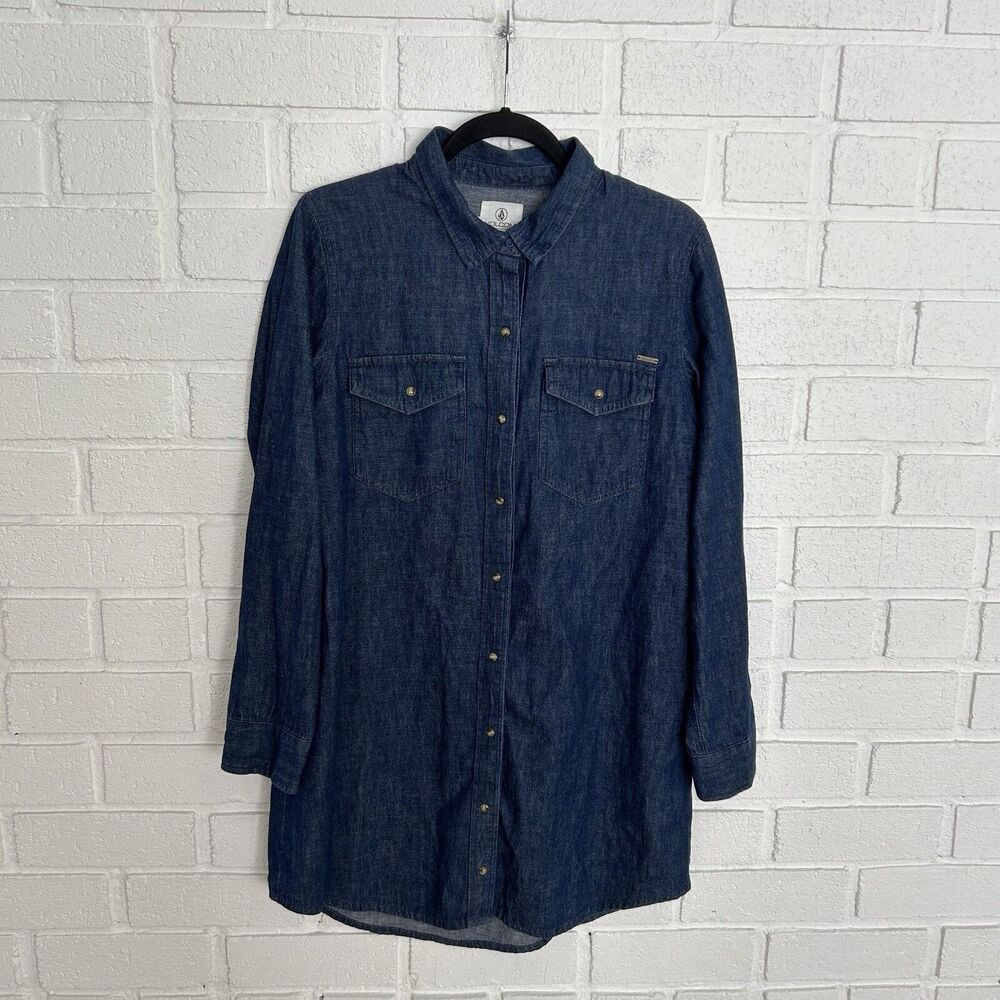 Volcom Pearl Snap Denim Chambray Shirt Dress Womens Medium 12 Blue Long Sleeve